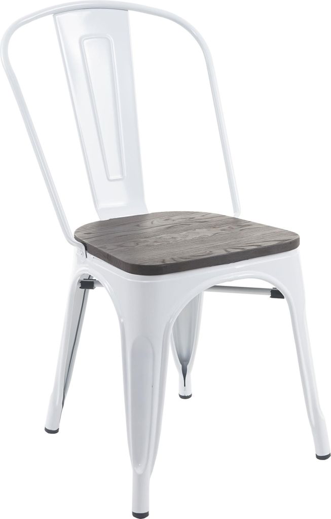 Stuhl inkl. Holz-Sitzfläche | HxBxT 85x45x52cm | Sitzhöhe 44cm | Metall Industriedesign stapelbar | Weiß | Bistrostuhl Stapelstuhl