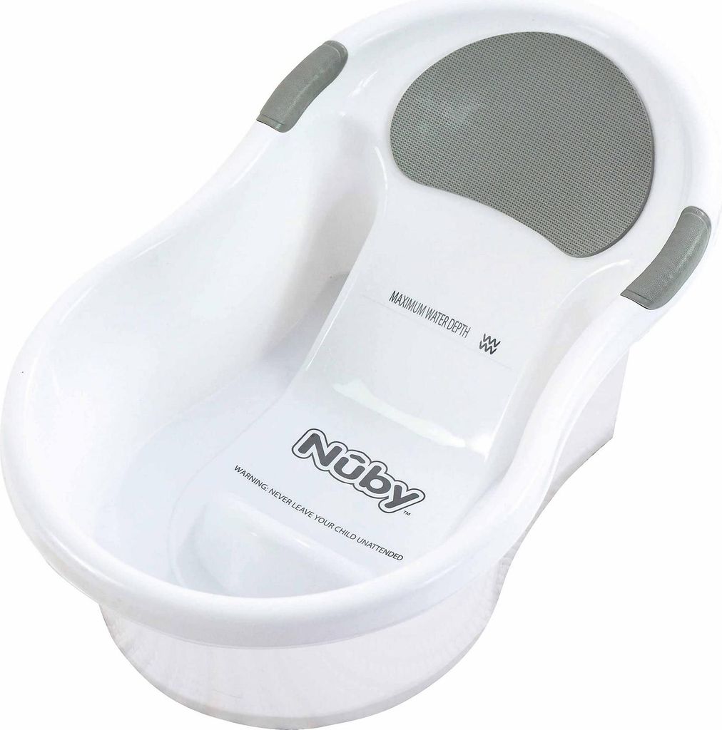 Nuby Baby-Badewanne mit integriertem Sitz und weicher Kopfstütze, Weiß/Grau