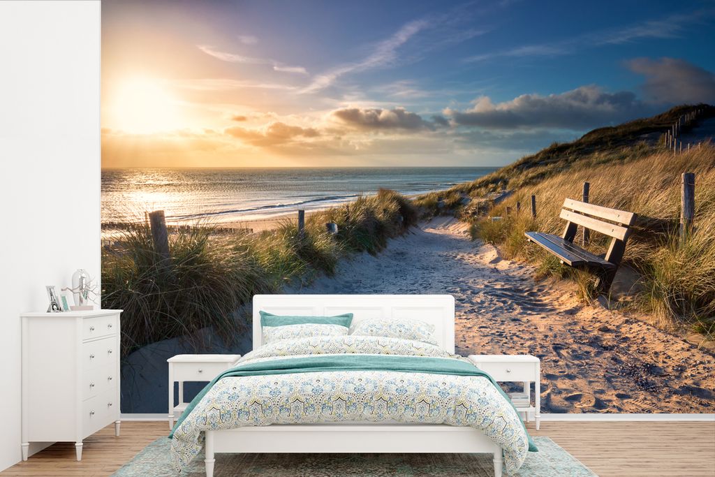 MuchoWow Fototapete für Wohnzimmer oder Schlafzimmer Wandtapete Vinyl Motivtapete Sonnenuntergang - Strand - Düne - Gras - Bank - 390x260 cm - ...