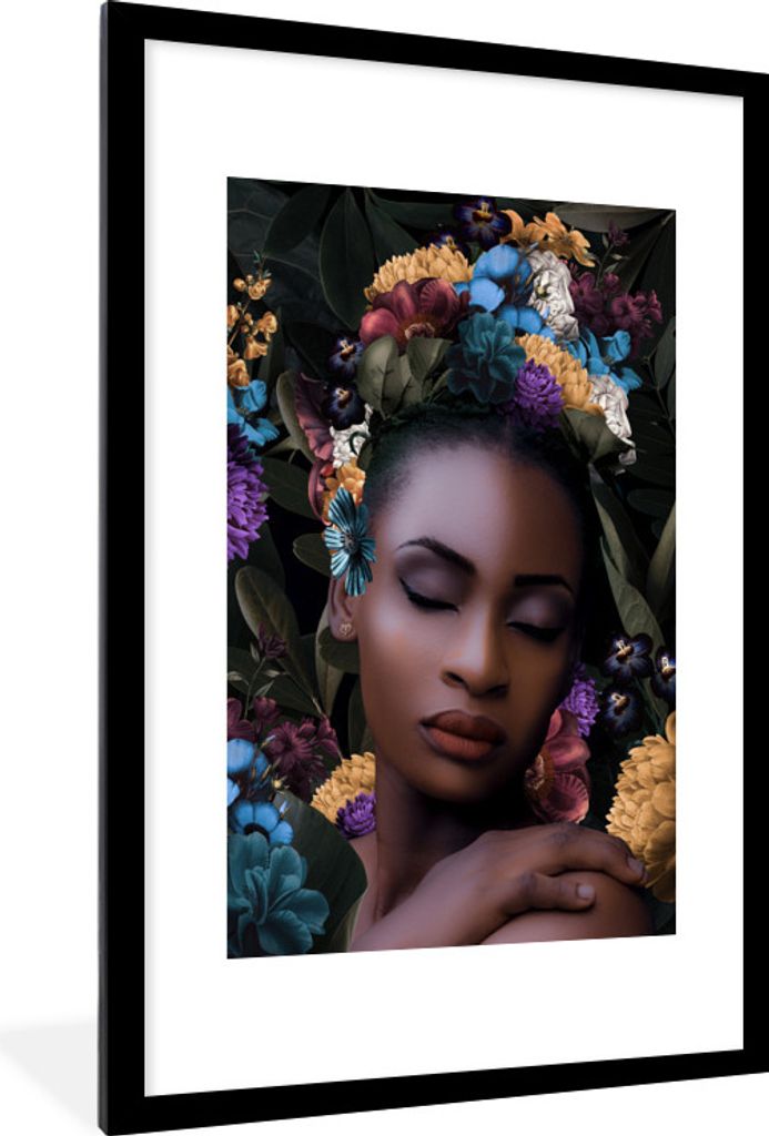 MuchoWow MuchoWow Gerahmtes Poster Blumen - Blätter - Frauen 60x90 cm - Poster mit zchwarzem Bilderrahmen - Dekoration - Wandposter Wohnzimmer...