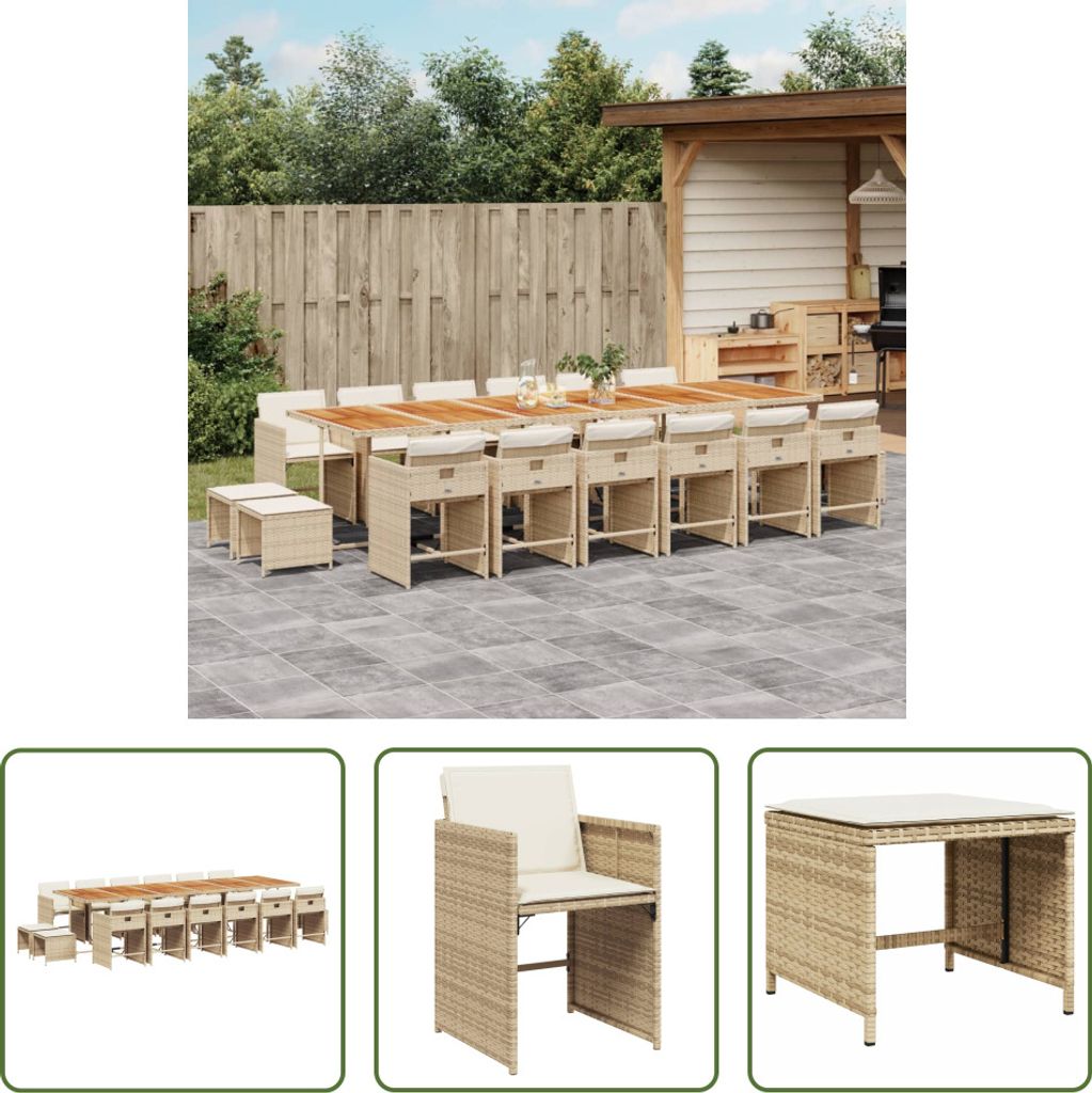 The Living Store 17-tlg. Garten-Essgruppe mit Kissen Beige Poly Rattan