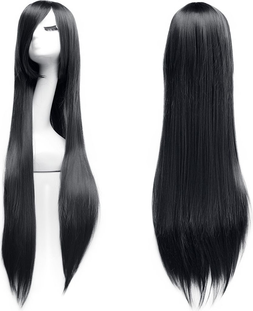 100cm Karneval Perücke Cosplay Schwarz Glatt mit Haarnetz. Produktbild 