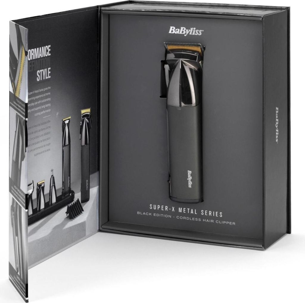 A black box packaging for a hair clipper, with the product displayed inside.