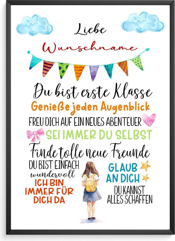 Personalisiertes Geschenk zur Einschulung Mädchen Schulanfang Schultüte – DIN A4 + Rahmen schwarz
