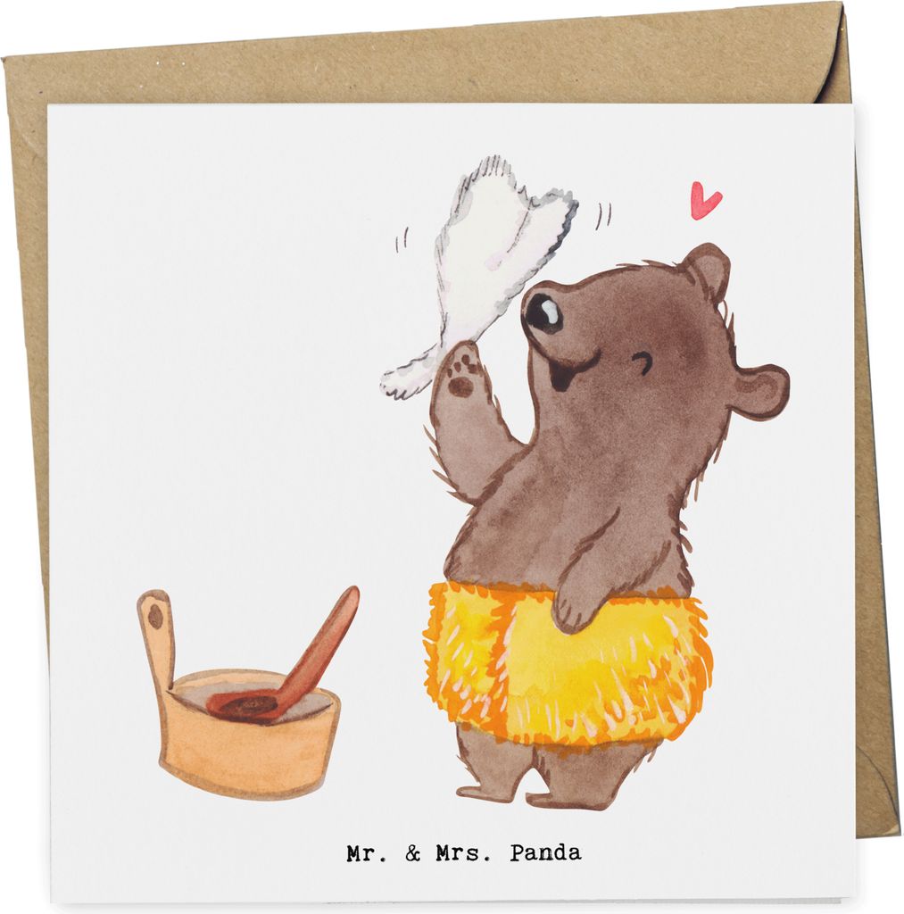 Mr. & Mrs. Panda Grußkarte Saunameister Herz - Weiß - Geschenk, doppelkarte, Klappkarte, anlasskarte, faltkarte, Glückwunschkarte