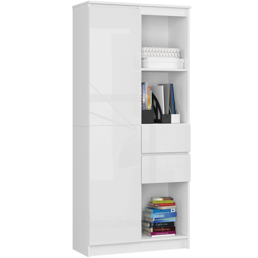 Hoher Regalschrank – Bücherregale – Regal – CLP – 80 cm – Weiß / Hochglanz – Modernes Standregal mit Tür und 2 Schubladen