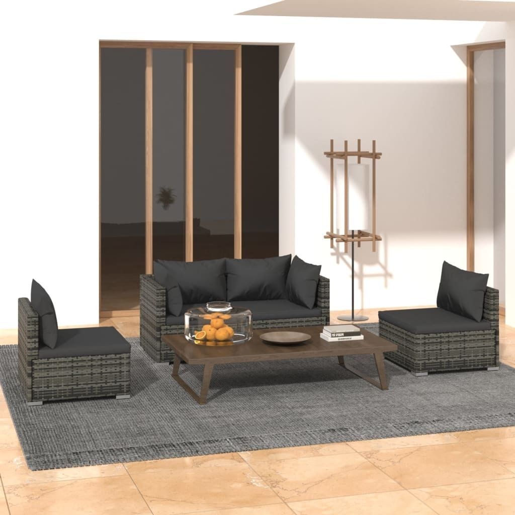 Möbel 4-tlg. Garten-Lounge-Set mit Kissen Poly Rattan Grau - Balkonmöbel 3102173