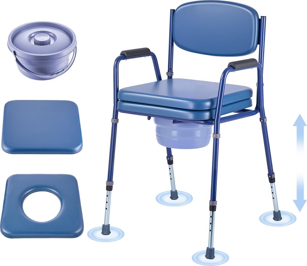 A blue commode chair with accessories displayed separately.