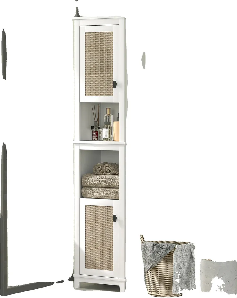 Armoire de rangement haute salle de bain blanche, façade rotin tressé