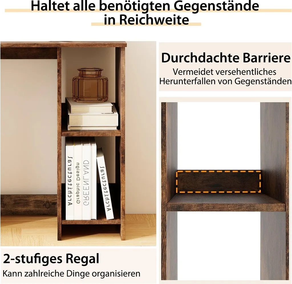 Bureau informatique compact marron avec étagères de stockage pour studio