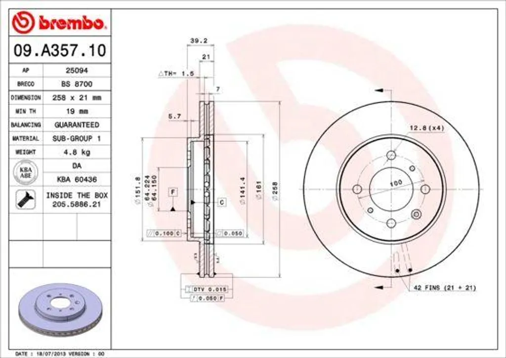 Brembo 09.A357.10 Disque de Frein Haute Performance pour City V et Jazz