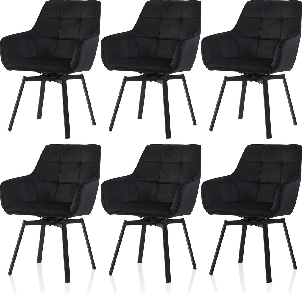Six black dining chairs arranged in two rows of three against a white background.