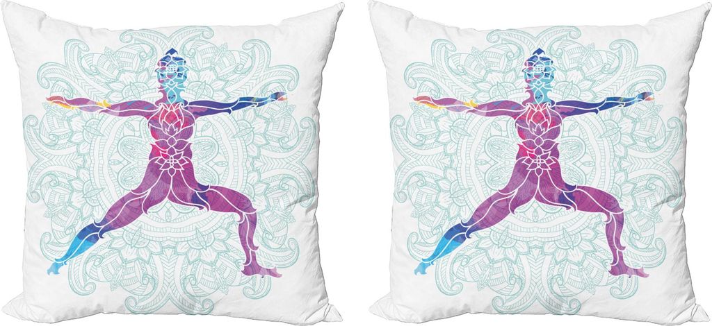 ABAKUHAUS Chakra Kissenbezug Set (2Stück), Mädchen auf Yoga-Krieger-Haltung mit Lotus Flower Petal Lines und Formen Boho Kunstdruck, 40 x 40 cm, ...