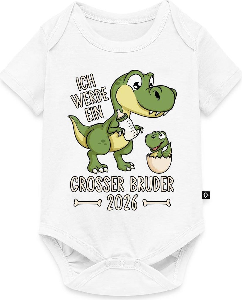 Spreadshirt Großer Bruder 2026 Ei Baby Dino Dinosaurier Kurzarm Tages Baby Body, 62 (2-3 M.), Weiß