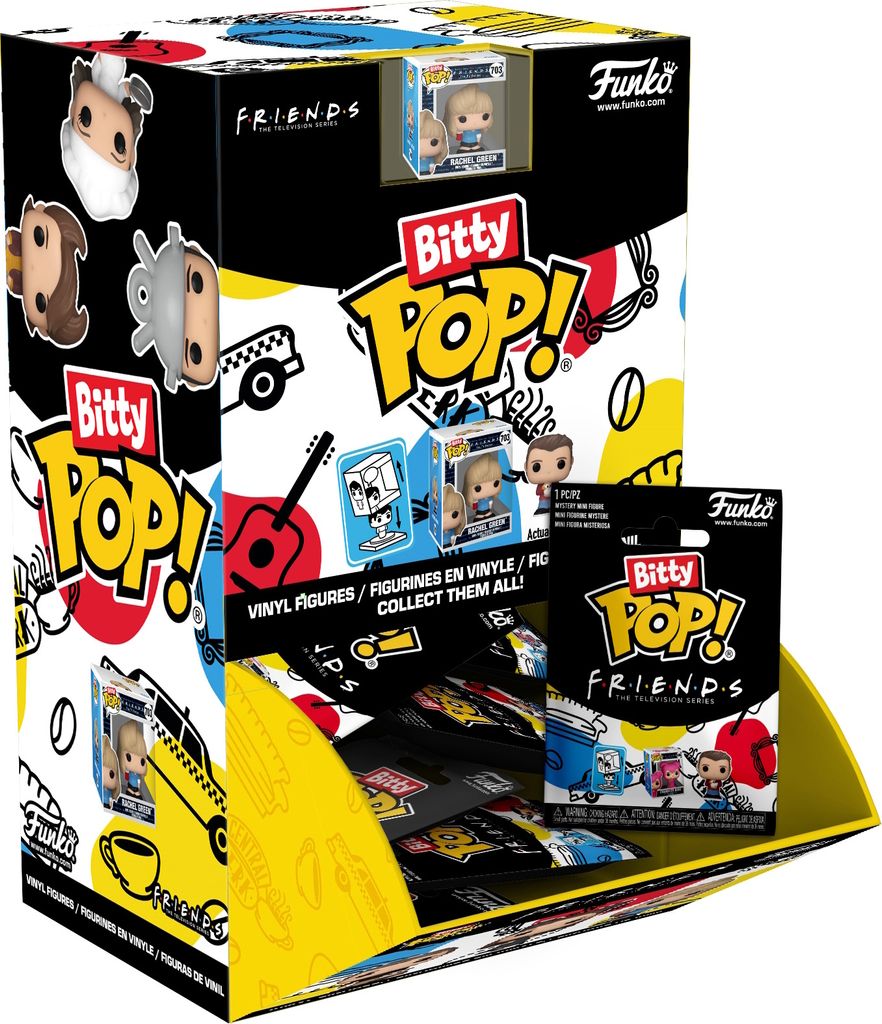 A display box for Funko Bitty Pop! Friends vinyl figures, showing the box art and some individual packaging.