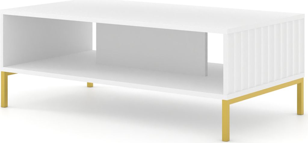 Couchtisch WAVE 90x60 cm WEIß MATT Tisch mit gefräster fronten MDF Kaffeetisch Beistelltisch Wohnzimmertisch BEINE GOLDEN