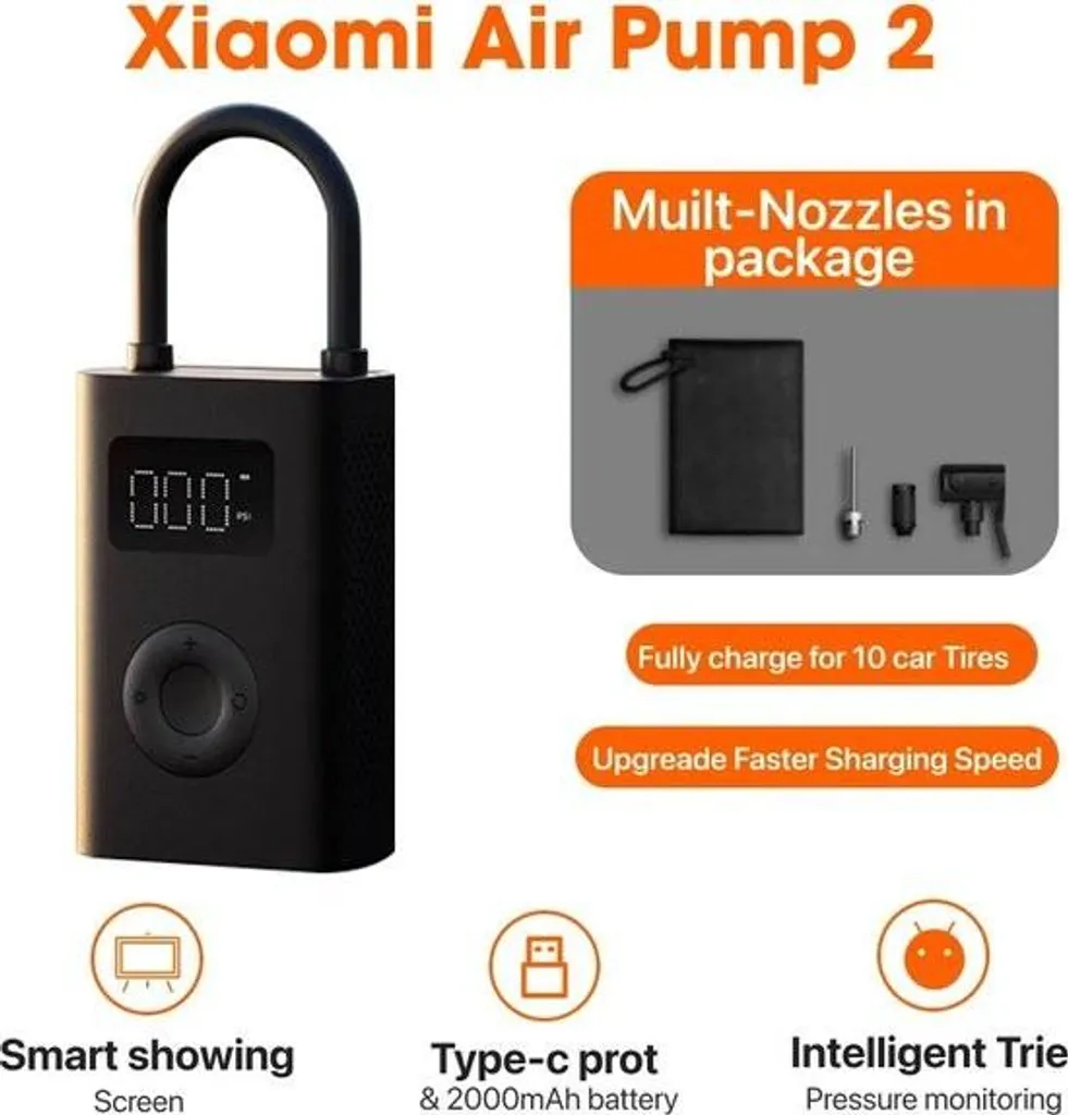 Pompe à Pneu Électrique pour Voiture et Vélo Xiaomi Rechargeable USB-C Gris