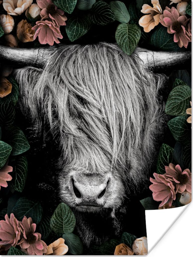 MuchoWow Poster Schottisches Hochlandrind - Blumen - Schwarz und weiß - Pflanzen - Dschungel 90x120 cm - Wohnzimmer