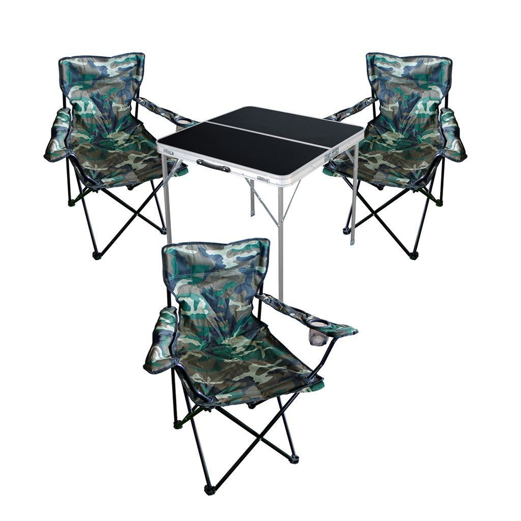 4-teiliges Campingmöbel Set Camouflage Tisch schwarz + Campingstühle