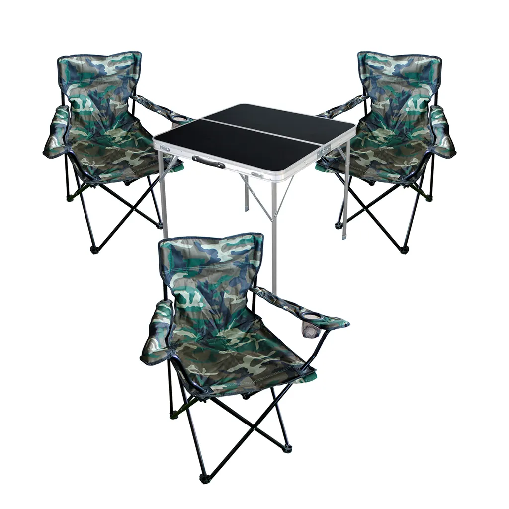 Set Tavolo e 4 Sedie da Campeggio Mimetico Nero | Salvaspazio e Portatile