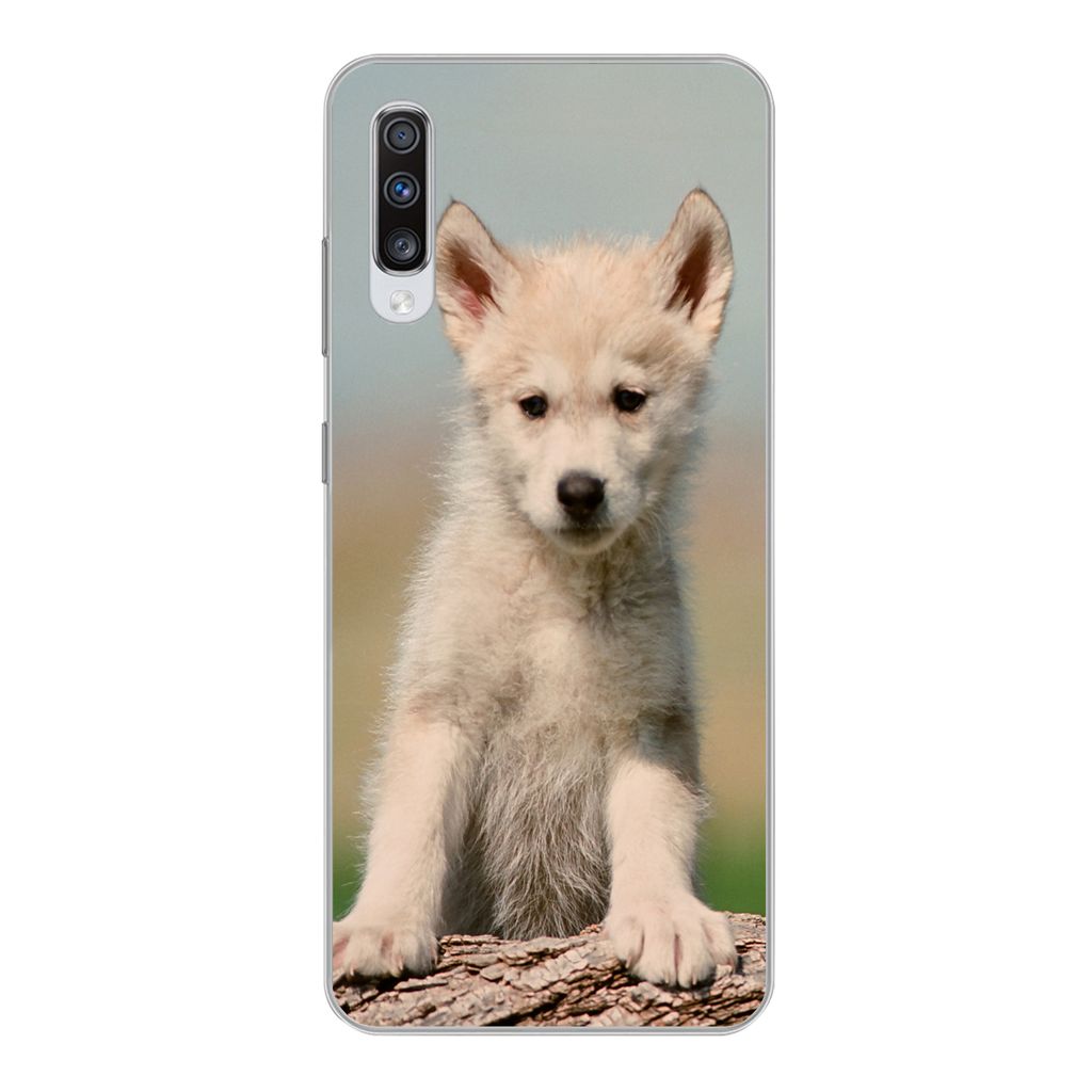 MuchoWow Handyhülle Schutzhülle Hülle für Samsung Galaxy A70 Wolf - Kind - Holz Silikon Softcase Handy Hülle - Schutzhaube