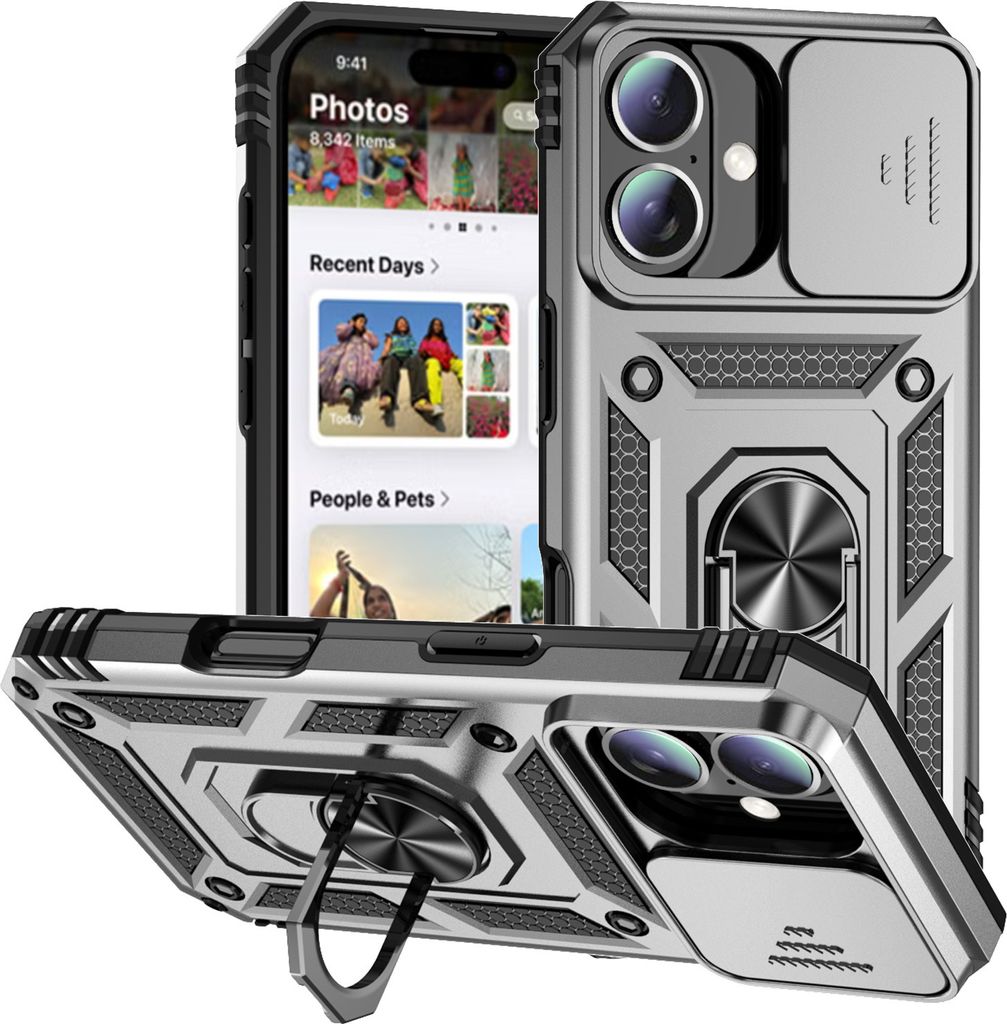 Hülle für iPhone 16 Plus mit Schiebe Kamera Schutz und Ringhalter Ständer Hybrid Schutzhülle Silber