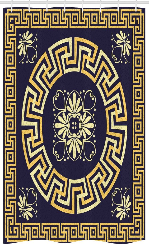 ABAKUHAUS Greek Key Schmaler Duschvorhang, Retro Frühling Meander, Badezimmer Deko Set aus Stoff mit Haken, 120 x 180 cm, Dunkelblau Gelb