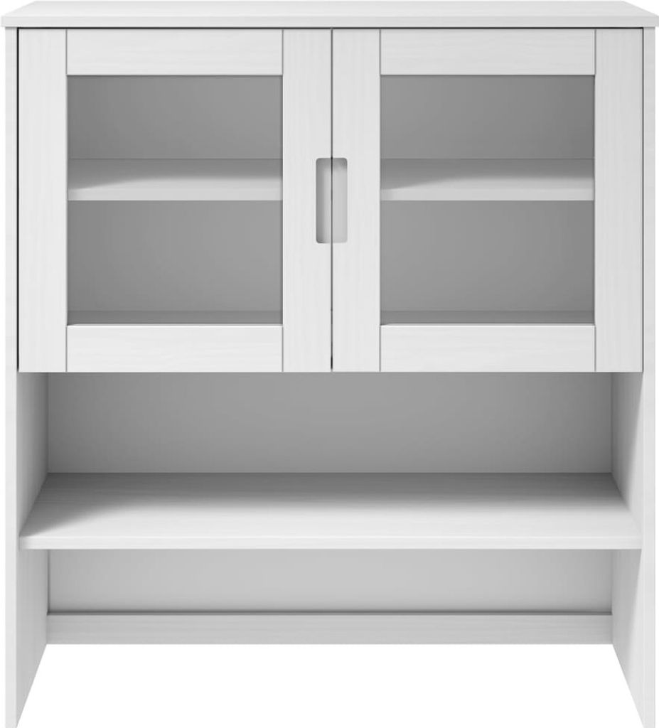 A white wooden hutch with glass doors and shelves.