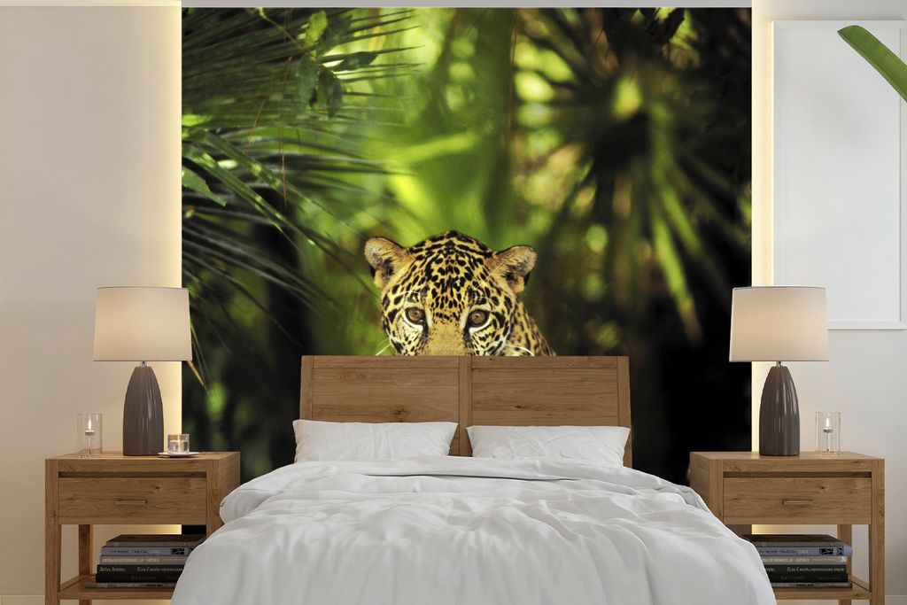 MuchoWow Fototapete für Wohnzimmer oder Schlafzimmer Wandtapete Vinyl Motivtapete Junger Jaguar im Dschungel - 260x260 cm - Papiertapeten