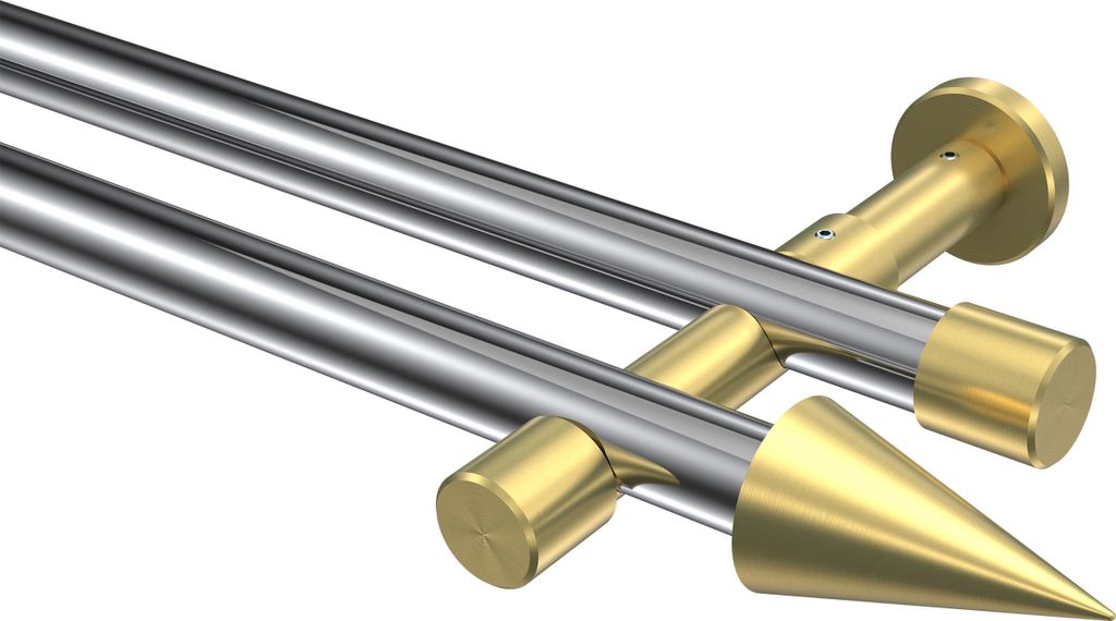 Interdeco Gardinenstange / Vorhangstange Chrom / Messing-Optik, Typ Prestige Savio (Kegel) ohne Ringe, 20 mm Ø 2-läufig, 220 cm