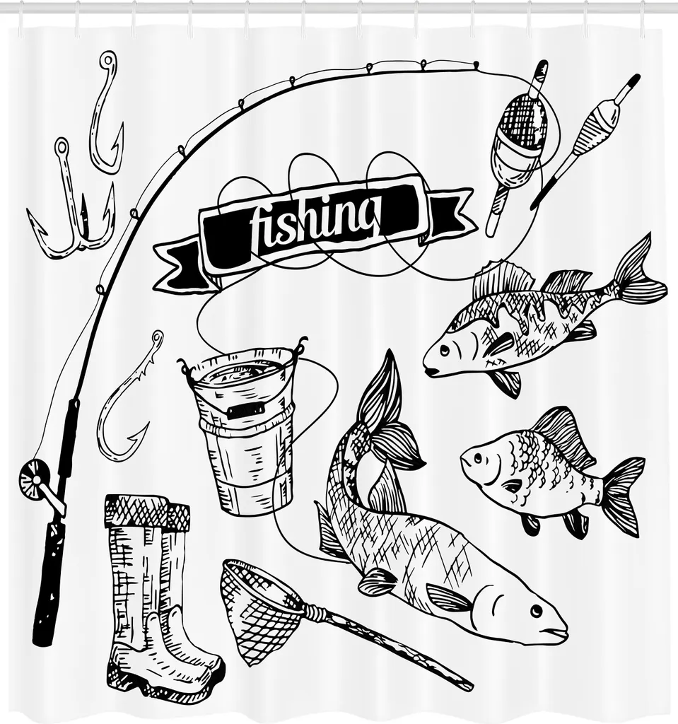 ABAKUHAUS Tenda da doccia con motivo pesca, set di attrezzi da pesca disegnati a mano con canna da pesca, salmone e persico, rete per secchio, nastro galleggiante, set decorativo in tessuto per bagno con gancio, 175x240 cm, bianco e nero