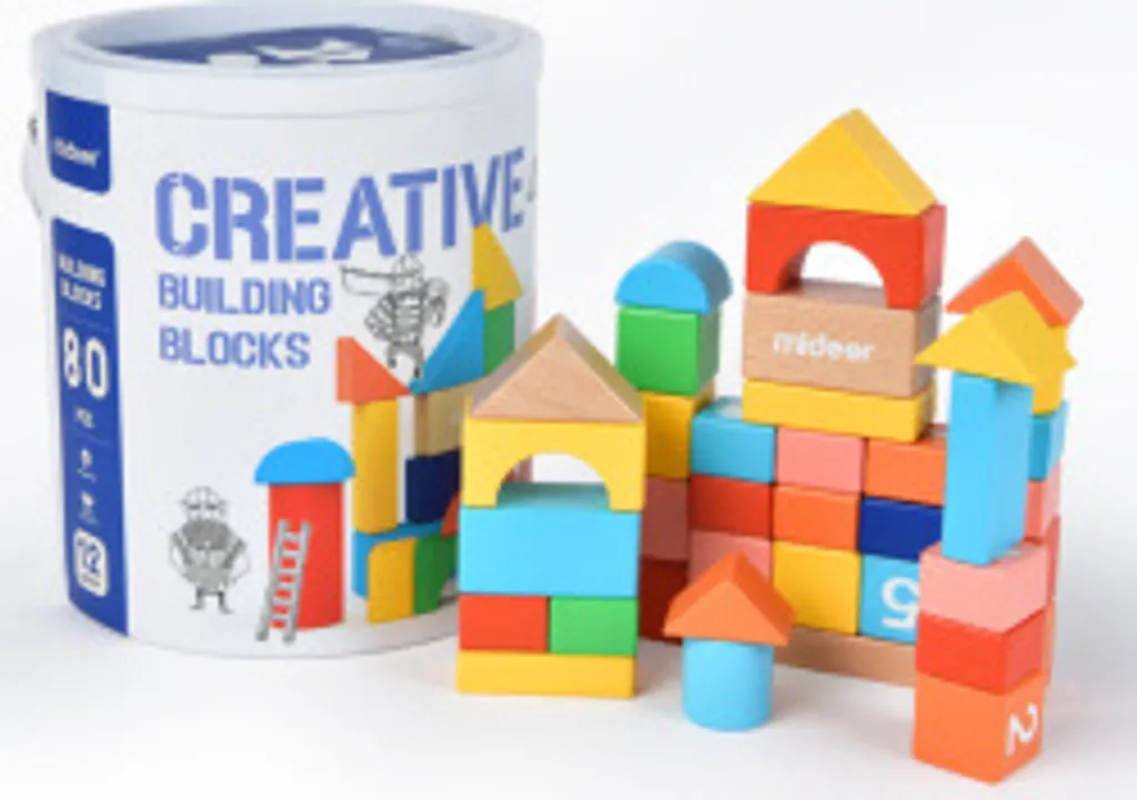 Jeu de construction en bois Mideer 80 blocs géométriques et colorés