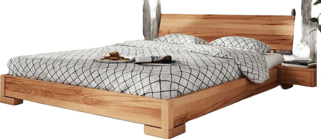 Bett Bento 3 aus Kernbuche massiv 80x200 cm mit Holzkopfteil und Holzbeinen
