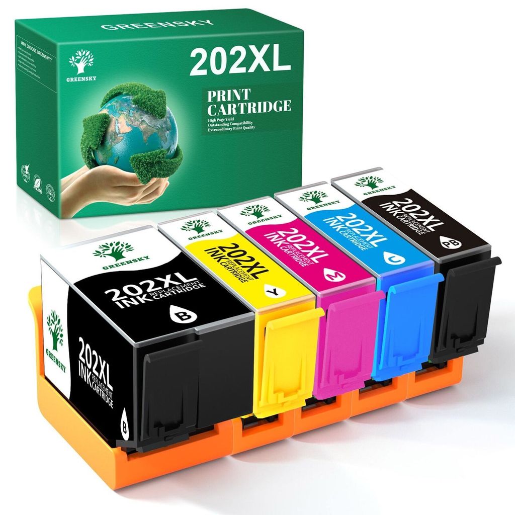 A set of five ink cartridges is displayed in an orange holder, with a box of ink cartridges in the background.