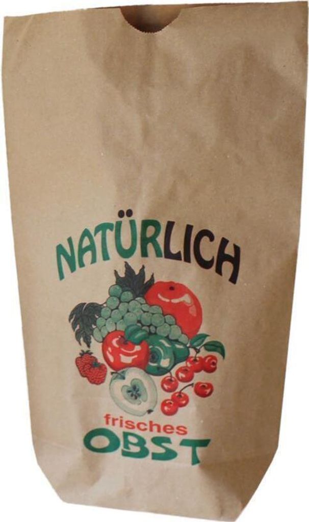 Papierbodenbeutel braun, gefädelt "Obstmotiv", 19 x 29 cm, 1,5 kg, 100 Stück