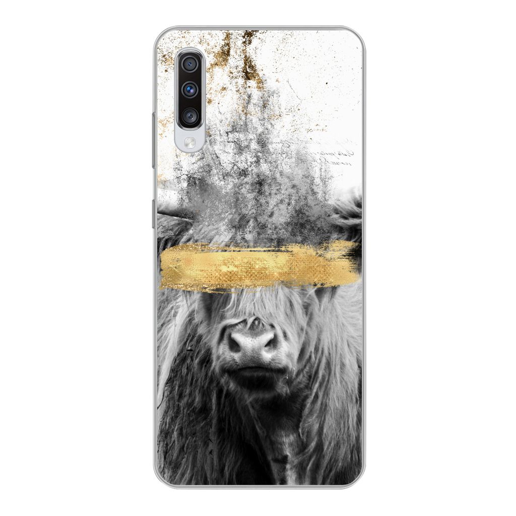 MuchoWow Handyhülle Schutzhülle Hülle für Samsung Galaxy A70 Schottischer Highlander - Gold - Abstrakt Silikon Softcase Handy Hülle - Schutz...