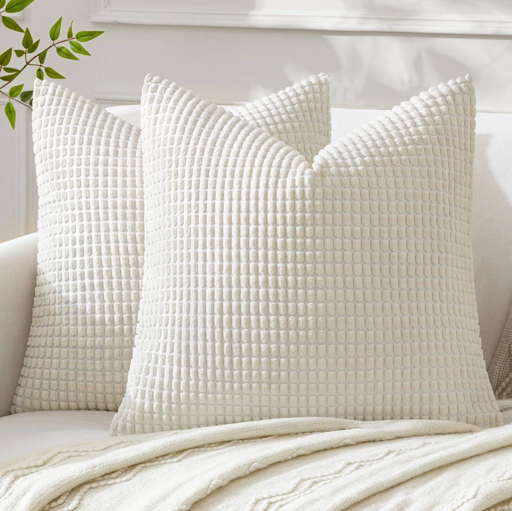 Kissenbezug 50 x 50 cm, weißer Cord, quadratisch, dekorativer Kissenbezug, weicher Kissenbezug für Wohn- und Schlafzimmer, 2-teiliges Set