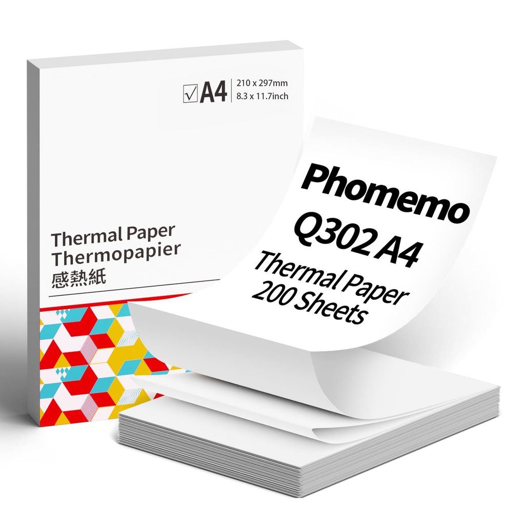 Phomemo A4 Thermopapier, 210x297 mm, Kompatibel mit Phomemo M08F/M832/M833/M834/M835/Q302 Thermodruckern, 200 gefaltetes A4 Thermopapier