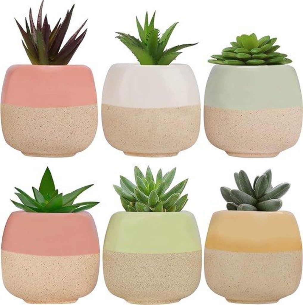 Keramische Mini-Pflanzgefäße (6 Stück) - Geeignet für Fettpflanzen und Kakteen - Set Blumengefäße mit Löchern - Geeignet für Haus, Büro, I...
