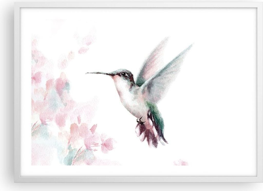 Gerahmtes Poster - Weißer Rahmen - Kolibri Aquarell Licht - 70x50 cm - Wand Bild - Wanddeko - Wandbilder - Kunstposter - Wandposter - Bilderrahmen...
