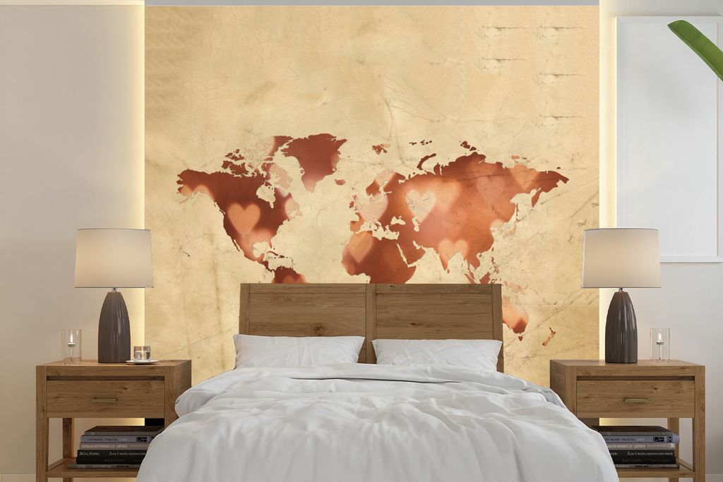 MuchoWow Fototapete für Wohnzimmer oder Schlafzimmer Wandtapete Vinyl Motivtapete Weltkarte - Liebe - Farben - 300x300 cm - Wanddekoration