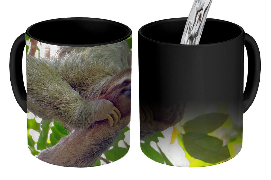 KitchenYeah Zauber Tasse Zaubertasse Magic Ein lachendes Faultier hängt in den grünen Bäumen 350 ml Farbwechsel Becher Geschenk Geschenkidee -...