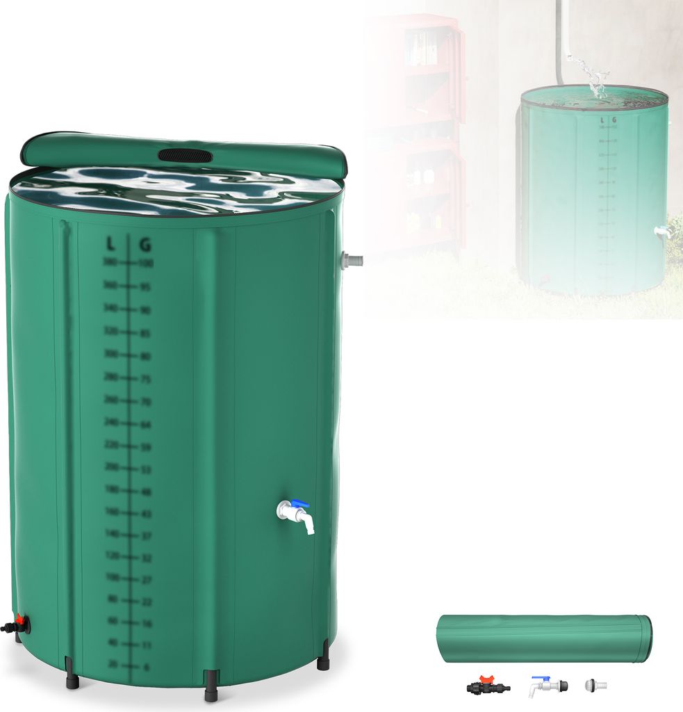 LZQ 380 Liter Faltbare Regentonne 500D PVC Regentank Regenfass Regenwassertonne Wassertank Regenwassertank mit Ablasshahn und Skala, Grün