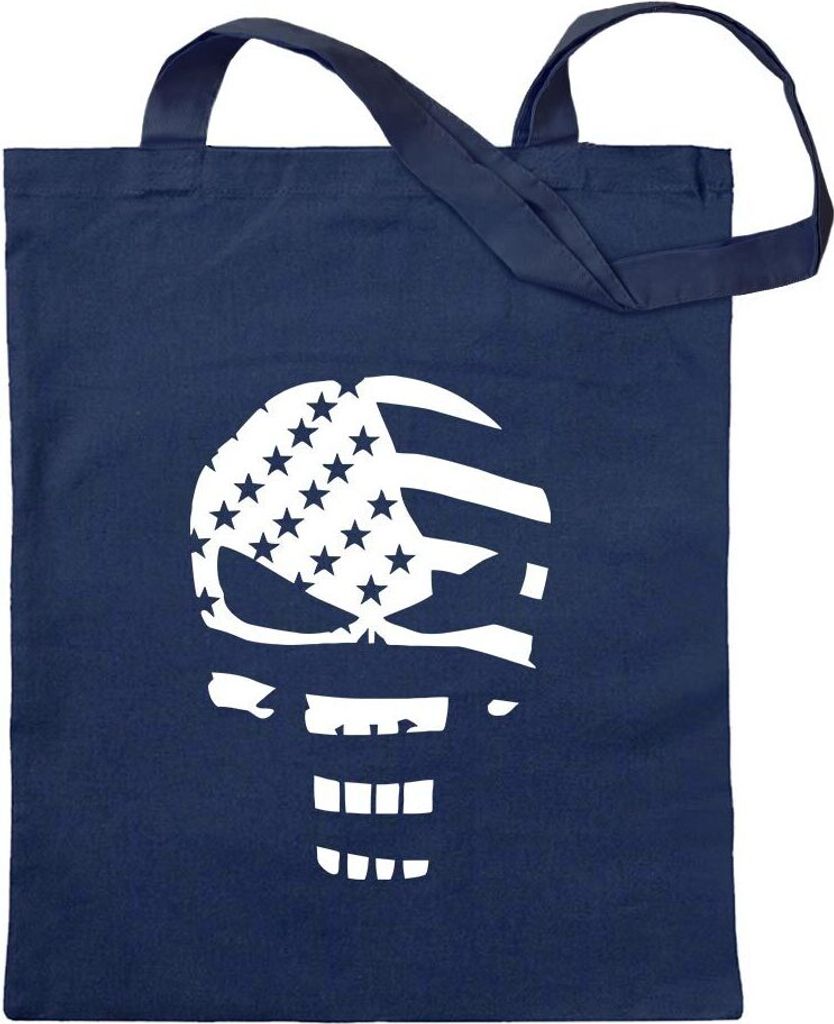 Kiwistar - Baumwolltasche - dunkelblau - US Punisher Skull - Tragetasche Stoffbeutel Umhängetasche Langer Henkel