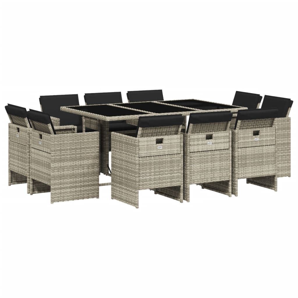 vidaXL 11-tlg. Garten-Essgruppe mit Kissen Hellgrau Poly Rattan