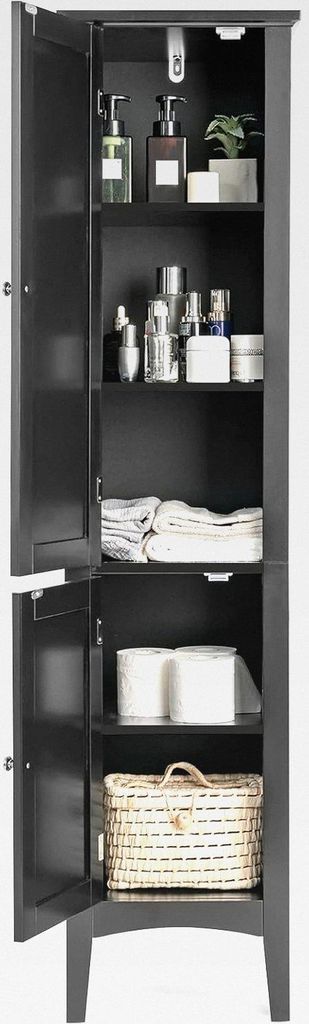 Badezimmerschrank mit 5 Fächern, Badezimmer Hochschrank mit 2 Lamellentür & Regalen & Kippsicherung, Badschrank schmal für Badezimmer, Küche, W...