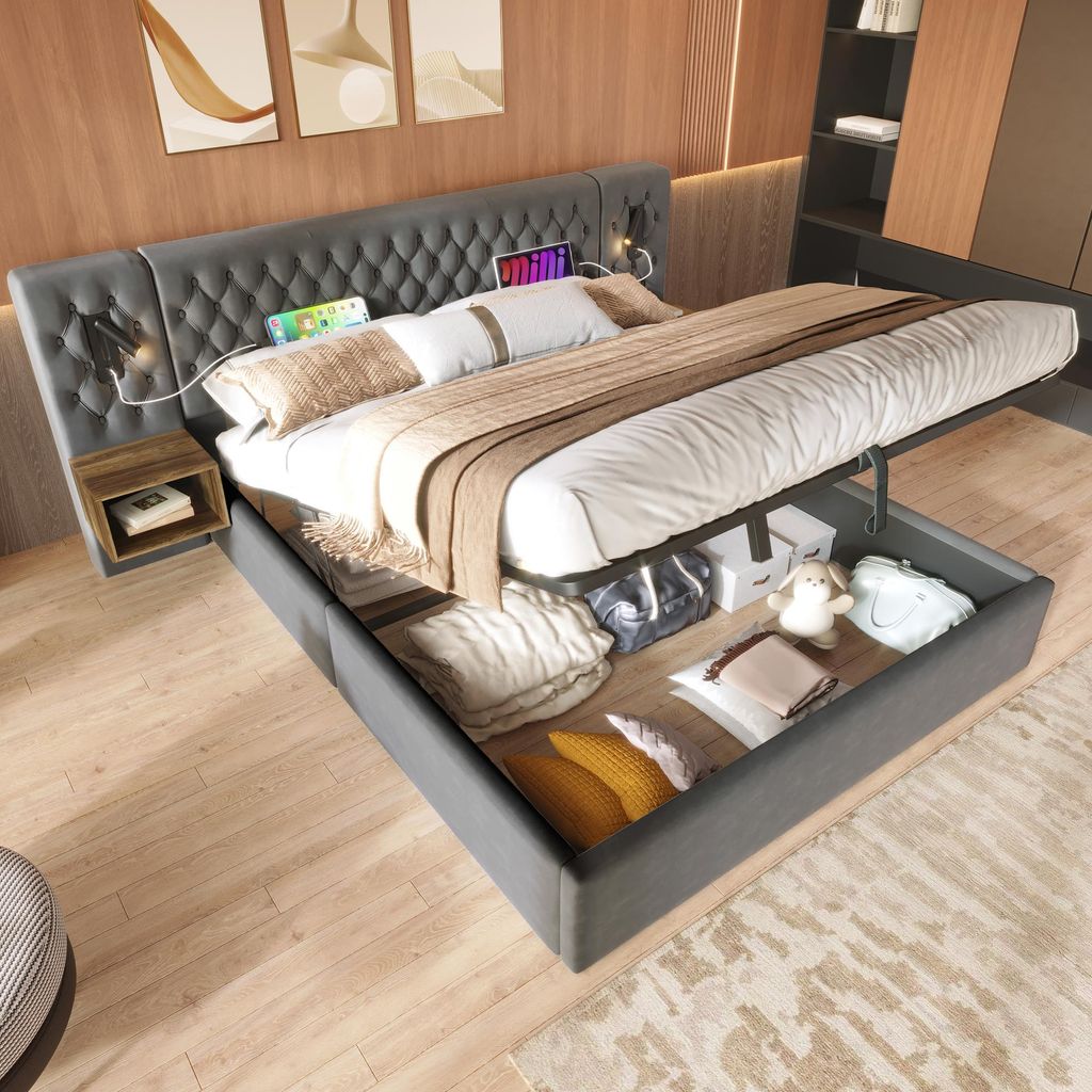 180x200cm Polsterbett mit Verstellbarer Leselampe & Ladefunktion & Nachttisch, Doppelbett Stauraumbett, mit Bettkasten, Samt, Grau (Ohne Matratze)