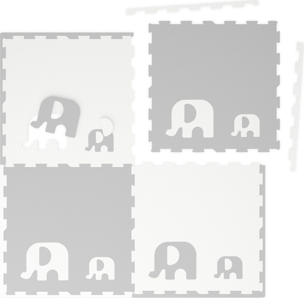 Relaxdays Puzzlematte, 12tlg. Baby Spielmatte mit Rand, Elefanten, schadstofffreier Schaumstoff, Kindermatte, weiß/grau