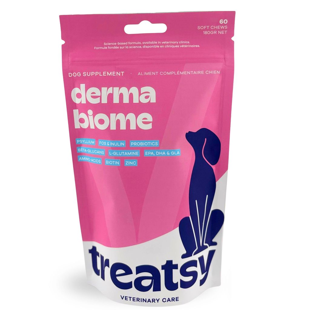 Treatsy DermaBiome für Hunde – hypoallergene Kau-Snacks mit Produktbild 