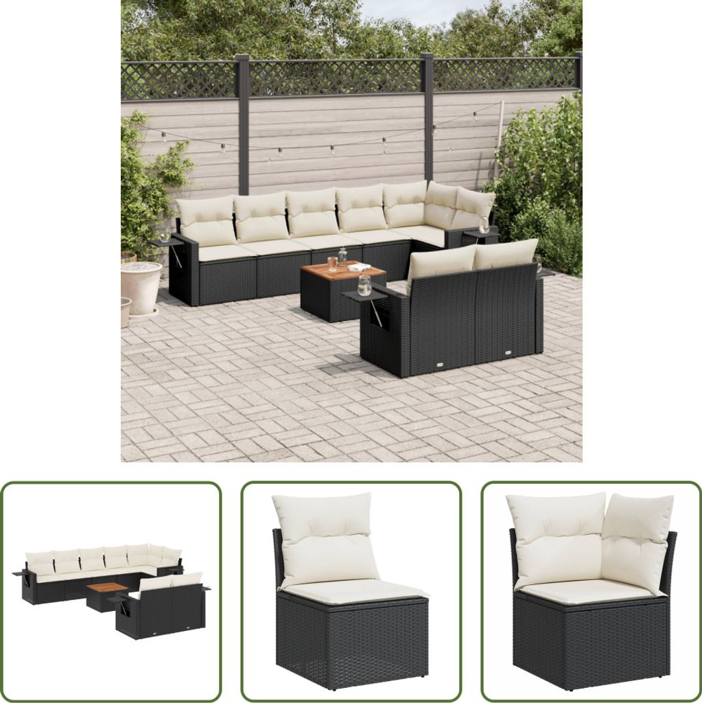 The Living Store 9-tlg. Garten-Sofagarnitur mit Kissen Schwarz Poly Rattan
